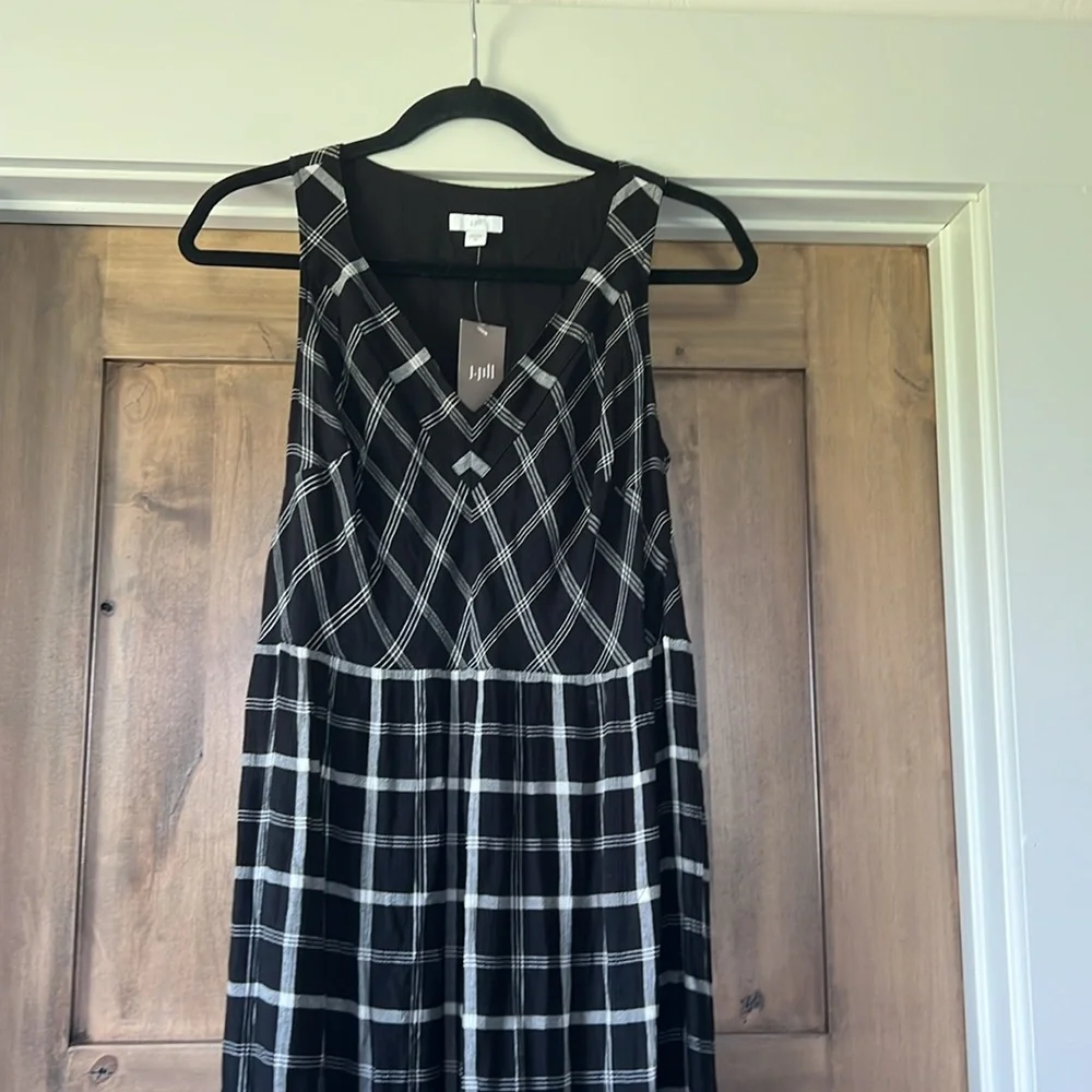 NWT J. Jill Black White Mixed Print Plaid Print Midi Dress - Picture 3 of 10
